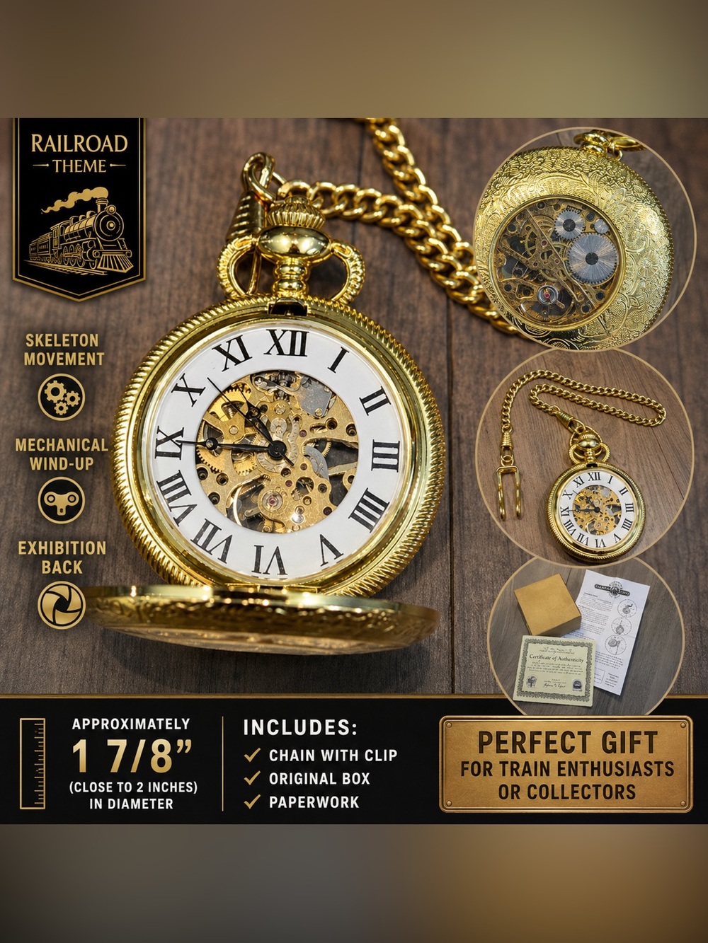Gold-Tone Railroad Motif Mechanical Skeleton Pocket Watch